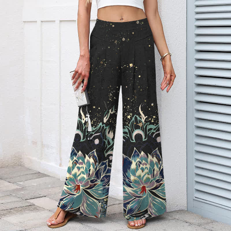 Buddha Stones Pantalones de mujer de lino y algodón con estampado de flor de loto, cintura elástica y pernera ancha con bolsillos. - image 1
