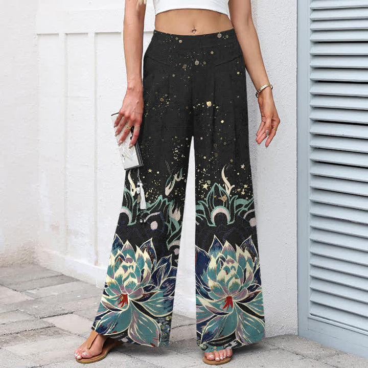 Buddha Stones Pantalones de mujer de lino y algodón con estampado de flor de loto, cintura elástica y pernera ancha con bolsillos. - image 1