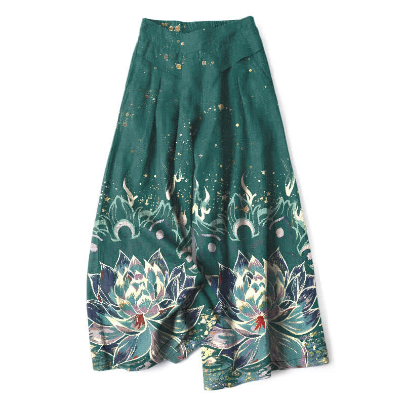 Buddha Stones Pantalones de mujer de lino y algodón con estampado de flor de loto, cintura elástica y pernera ancha con bolsillos. - Verde azulado - US16，UK/AU20，EU48 (3XL) - image 4