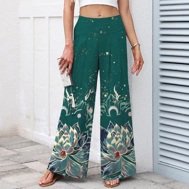 Buddha Stones Pantalones de mujer de lino y algodón con estampado de flor de loto, cintura elástica y pernera ancha con bolsillos. - image 5