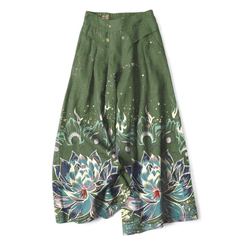 Buddha Stones Pantalones de mujer de lino y algodón con estampado de flor de loto, cintura elástica y pernera ancha con bolsillos. - Verde oliva - US16，UK/AU20，EU48 (3XL) - image 6
