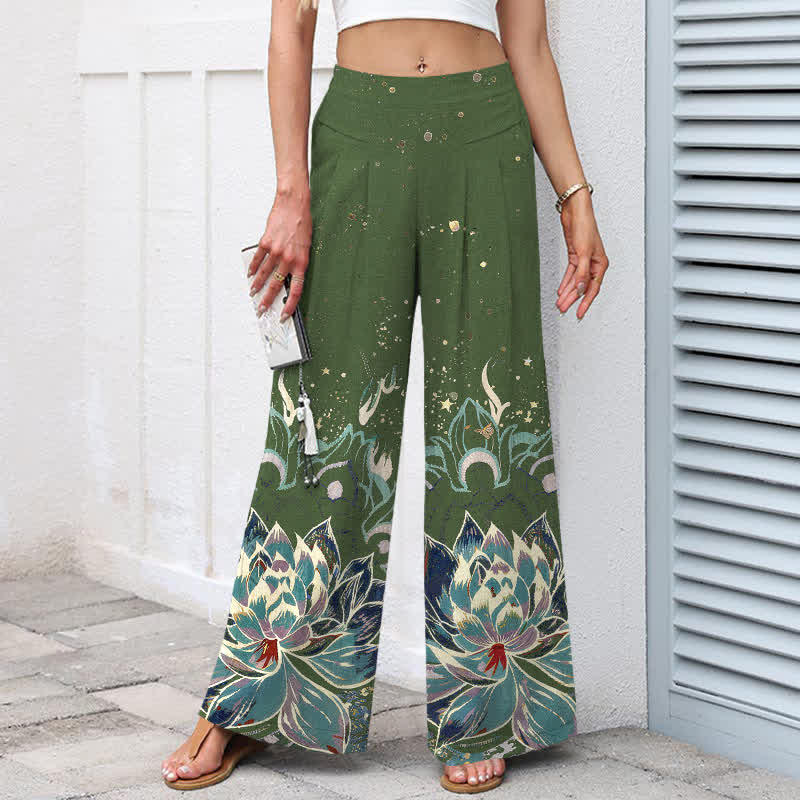 Buddha Stones Pantalones de mujer de lino y algodón con estampado de flor de loto, cintura elástica y pernera ancha con bolsillos. - image 7