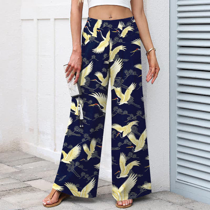 Buddha Stones Pantalones de mujer de lino y algodón con estampado de grullas doradas, cintura elástica, pernera ancha y bolsillos. - image 1