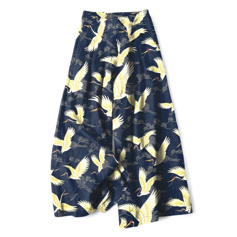Buddha Stones Pantalones de mujer de lino y algodón con estampado de grullas doradas, cintura elástica, pernera ancha y bolsillos. - Marina de guerra - US16，UK/AU20，EU48 (3XL) - image 0