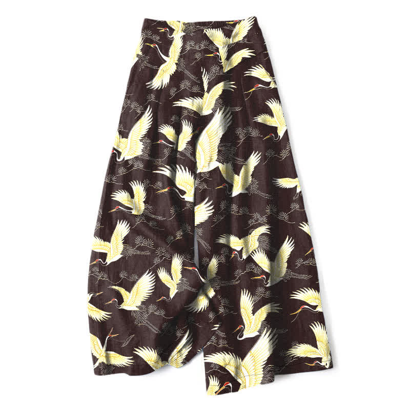 Buddha Stones Pantalones de mujer de lino y algodón con estampado de grullas doradas, cintura elástica, pernera ancha y bolsillos. - Marrón silla de montar - US16，UK/AU20，EU48 (3XL) - image 4