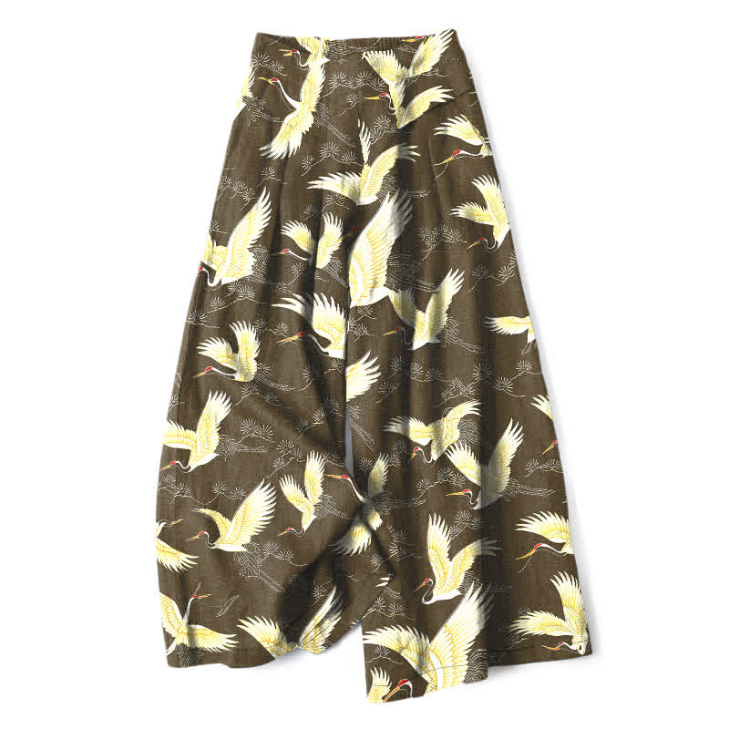 Buddha Stones Pantalones de mujer de lino y algodón con estampado de grullas doradas, cintura elástica, pernera ancha y bolsillos. - Caqui oscuro - US16，UK/AU20，EU48 (3XL) - image 6