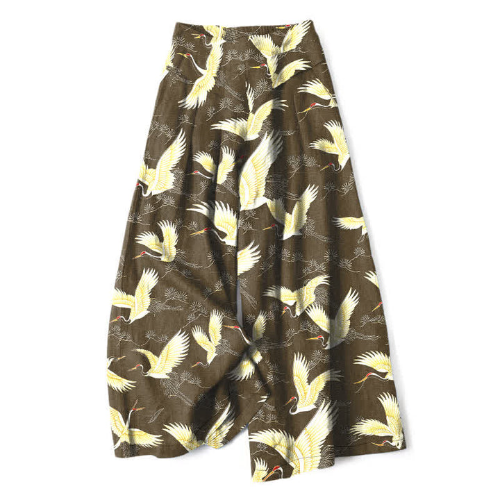 Buddha Stones Pantalones de mujer de lino y algodón con estampado de grullas doradas, cintura elástica, pernera ancha y bolsillos. - Caqui oscuro - US16，UK/AU20，EU48 (3XL) - image 6