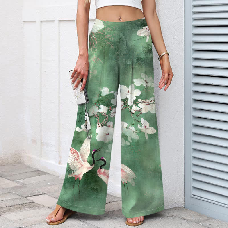 Buddha Stones Pantalones de mujer de algodón y lino con estampado floral blanco de grullas, cintura elástica y pernera ancha con bolsillos. - image 1