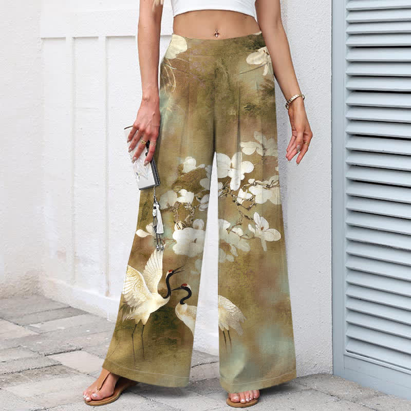 Buddha Stones Pantalones de mujer de algodón y lino con estampado floral blanco de grullas, cintura elástica y pernera ancha con bolsillos. - image 7