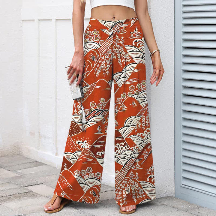 Buddha Stones Pantalones de mujer de algodón y lino con estampado de olas japonesas, cintura elástica, pernera ancha y bolsillos. - image 1