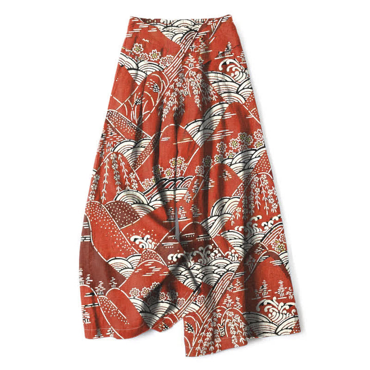 Buddha Stones Pantalones de mujer de algodón y lino con estampado de olas japonesas, cintura elástica, pernera ancha y bolsillos. - Rojo indio - US16，UK/AU20，EU48 (3XL) - image 0