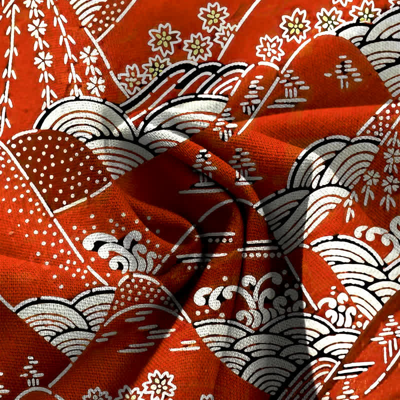 Buddha Stones Pantalones de mujer de algodón y lino con estampado de olas japonesas, cintura elástica, pernera ancha y bolsillos. - image 3