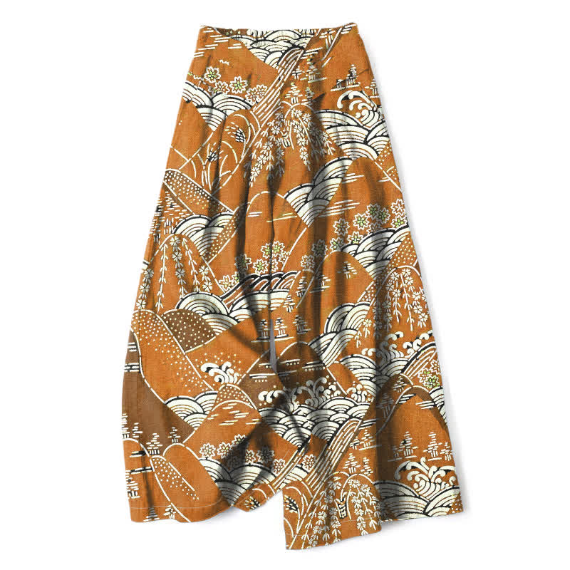 Buddha Stones Pantalones de mujer de algodón y lino con estampado de olas japonesas, cintura elástica, pernera ancha y bolsillos. - vara de oro - US16，UK/AU20，EU48 (3XL) - image 4