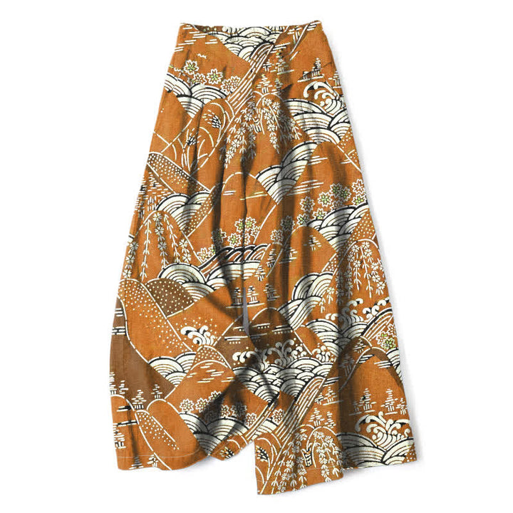 Buddha Stones Pantalones de mujer de algodón y lino con estampado de olas japonesas, cintura elástica, pernera ancha y bolsillos. - vara de oro - US16，UK/AU20，EU48 (3XL) - image 4
