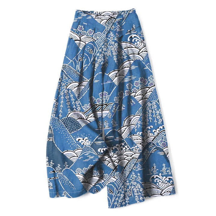 Buddha Stones Pantalones de mujer de algodón y lino con estampado de olas japonesas, cintura elástica, pernera ancha y bolsillos. - Azul aciano - US16，UK/AU20，EU48 (3XL) - image 6