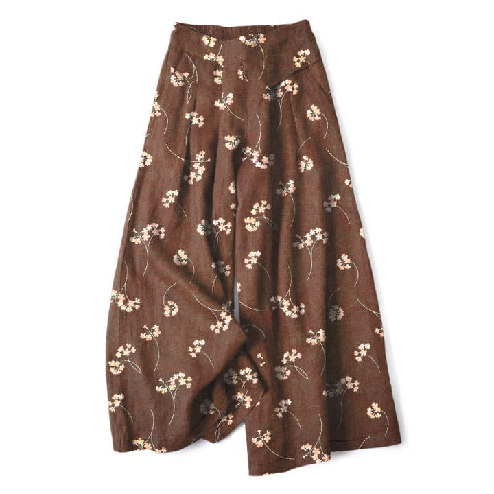 Buddha Stones Pantalones de mujer de lino y algodón con estampado floral, cintura elástica y pernera ancha con bolsillos. - Tierra de siena - US16，UK/AU20，EU48 (3XL) - image 0