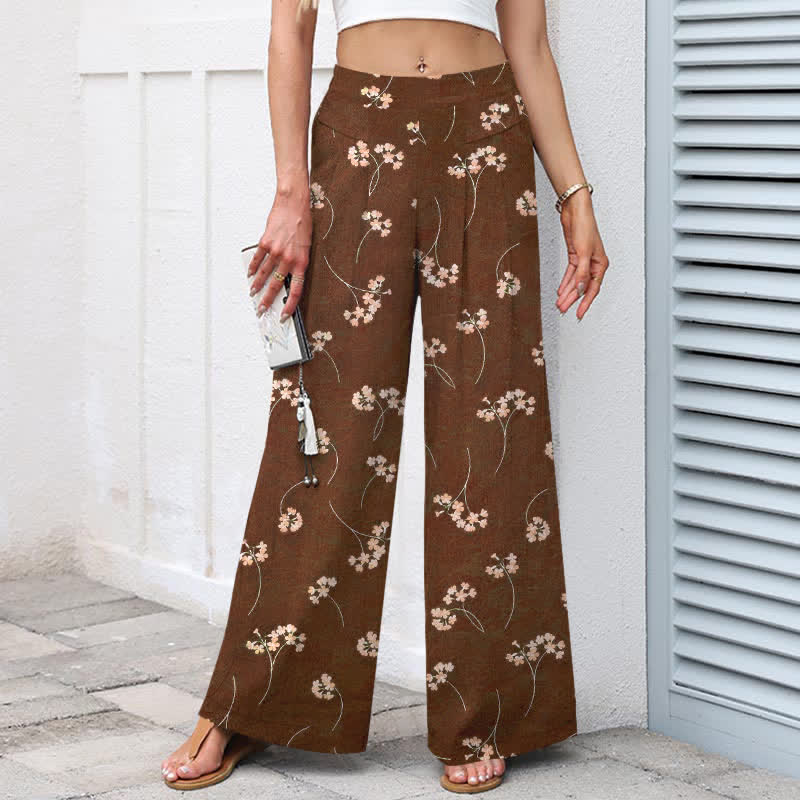 Buddha Stones Pantalones de mujer de lino y algodón con estampado floral, cintura elástica y pernera ancha con bolsillos. - image 1