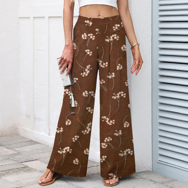 Buddha Stones Pantalones de mujer de lino y algodón con estampado floral, cintura elástica y pernera ancha con bolsillos. - image 1