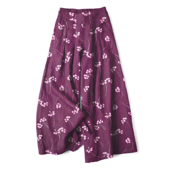 Buddha Stones Pantalones de mujer de lino y algodón con estampado floral, cintura elástica y pernera ancha con bolsillos. - Púrpura - US16，UK/AU20，EU48 (3XL) - image 4