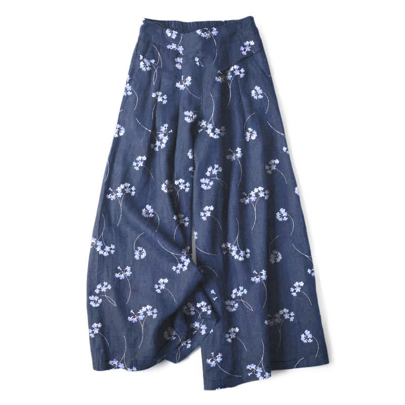 Buddha Stones Pantalones de mujer de lino y algodón con estampado floral, cintura elástica y pernera ancha con bolsillos. - Azul acero - US16，UK/AU20，EU48 (3XL) - image 6