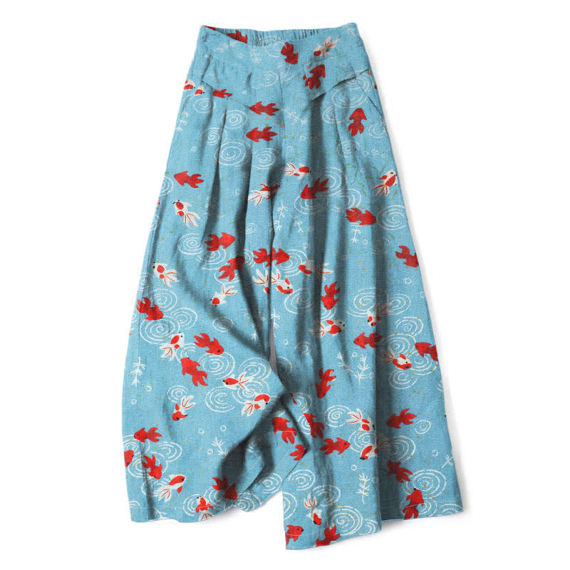 Buddha Stones Pantalones de mujer de lino y algodón con estampado de peces koi, cintura elástica, pernera ancha y bolsillos. - Azul cielo claro - US16，UK/AU20，EU48 (3XL) - image 0