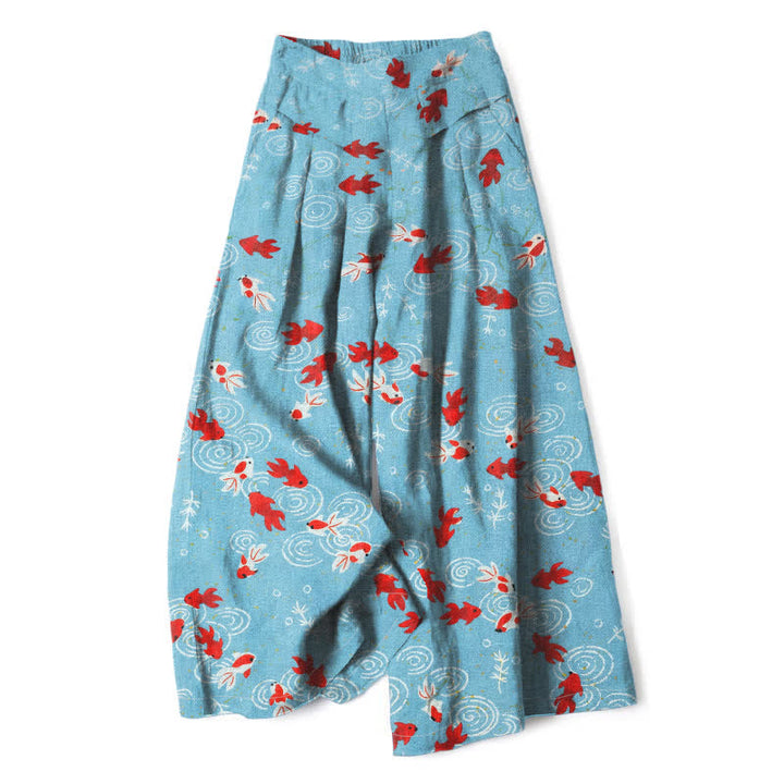 Buddha Stones Pantalones de mujer de lino y algodón con estampado de peces koi, cintura elástica, pernera ancha y bolsillos. - Azul cielo claro - US16，UK/AU20，EU48 (3XL) - image 0