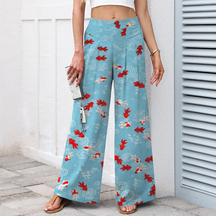 Buddha Stones Pantalones de mujer de lino y algodón con estampado de peces koi, cintura elástica, pernera ancha y bolsillos. - image 1