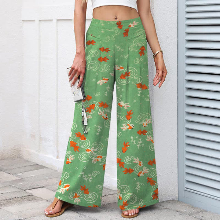 Buddha Stones Pantalones de mujer de lino y algodón con estampado de peces koi, cintura elástica, pernera ancha y bolsillos. - image 5