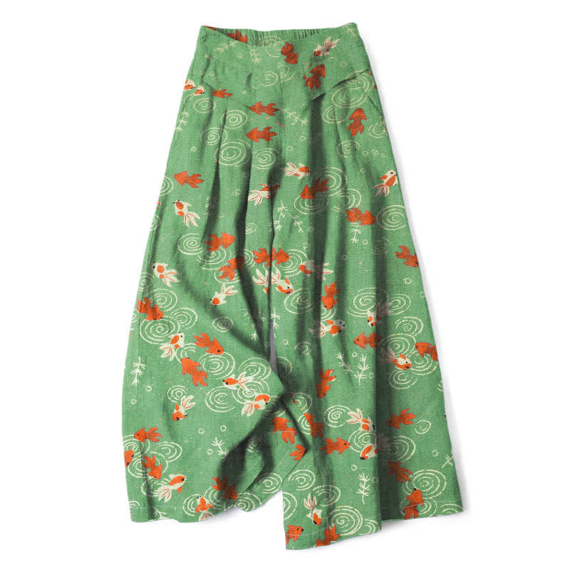 Buddha Stones Pantalones de mujer de lino y algodón con estampado de peces koi, cintura elástica, pernera ancha y bolsillos. - Verde lima - US16，UK/AU20，EU48 (3XL) - image 4