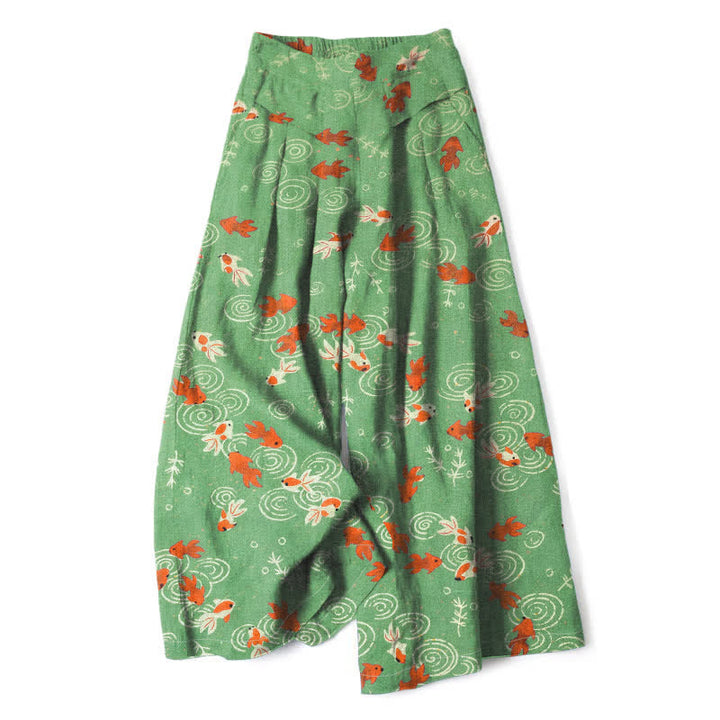 Buddha Stones Pantalones de mujer de lino y algodón con estampado de peces koi, cintura elástica, pernera ancha y bolsillos. - Verde lima - US16，UK/AU20，EU48 (3XL) - image 4