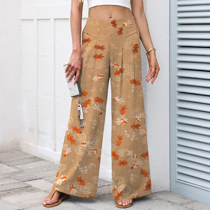 Buddha Stones Pantalones de mujer de lino y algodón con estampado de peces koi, cintura elástica, pernera ancha y bolsillos. - image 7