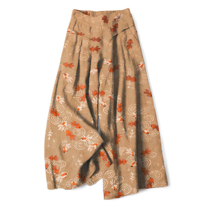 Buddha Stones Pantalones de mujer de lino y algodón con estampado de peces koi, cintura elástica, pernera ancha y bolsillos. - BurlyWood - US16，UK/AU20，EU48 (3XL) - image 6