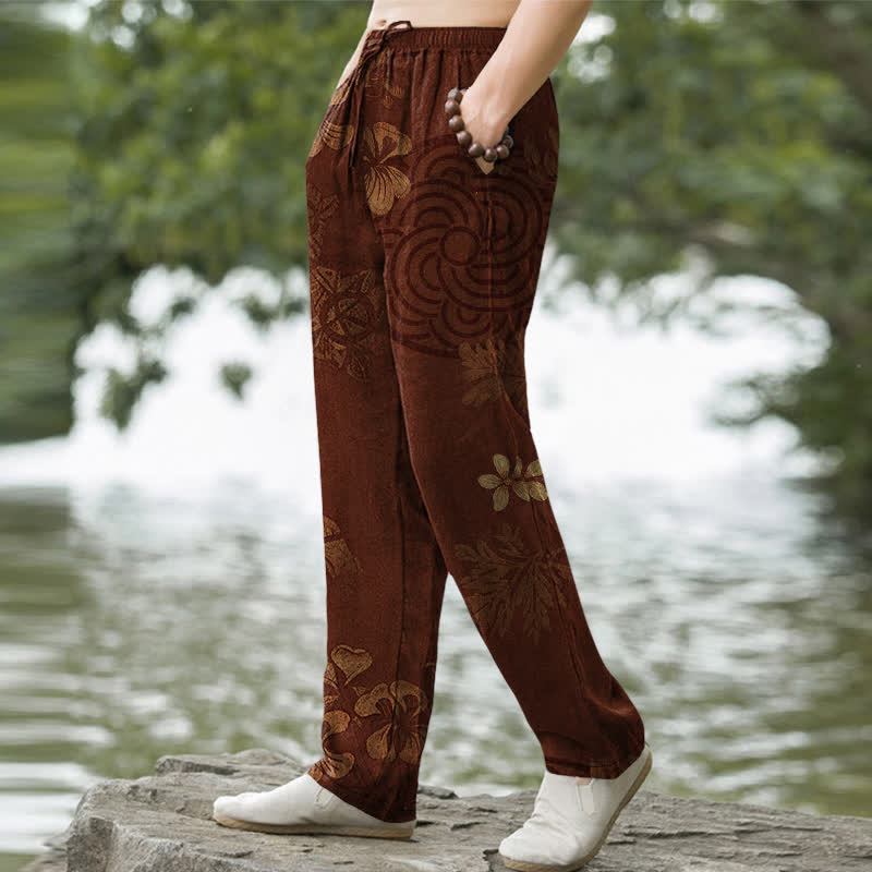 Buddha Stones Pantalones de hombre de algodón con estampado floral vintage, corte ajustado y bolsillos. - image 1