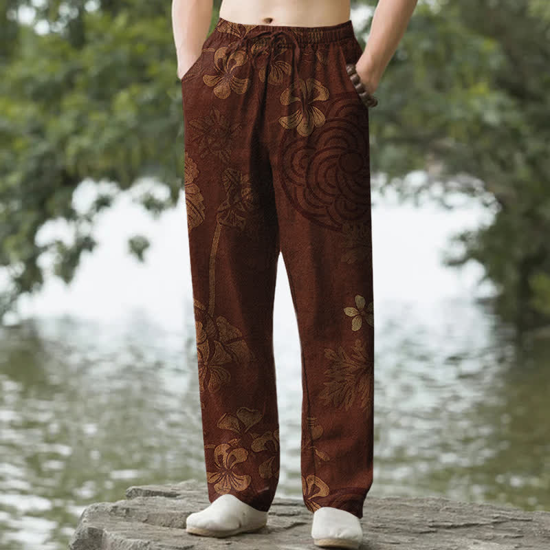 Buddha Stones Pantalones de hombre de algodón con estampado floral vintage, corte ajustado y bolsillos. - Marrón silla de montar - US/UK/AU50, EU60 (5XL) - image 0