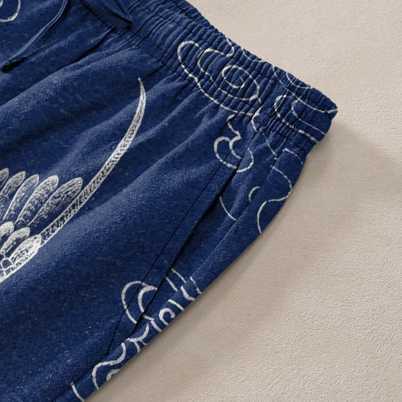 Buddha Stones Pantalones de hombre de algodón blanco con estampado de grullas y nubes auspiciosas, corte ajustado y bolsillos. - image 2