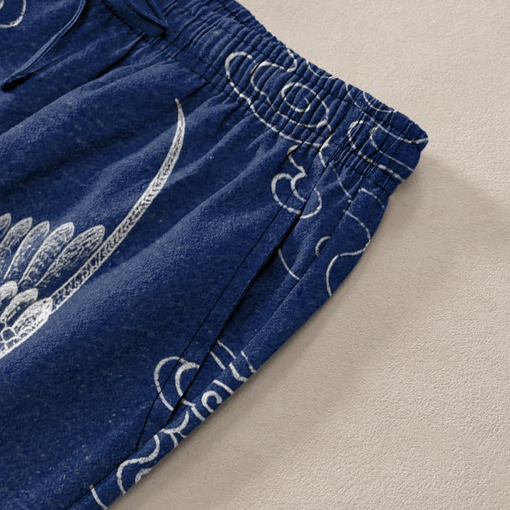 Buddha Stones Pantalones de hombre de algodón blanco con estampado de grullas y nubes auspiciosas, corte ajustado y bolsillos. - image 2