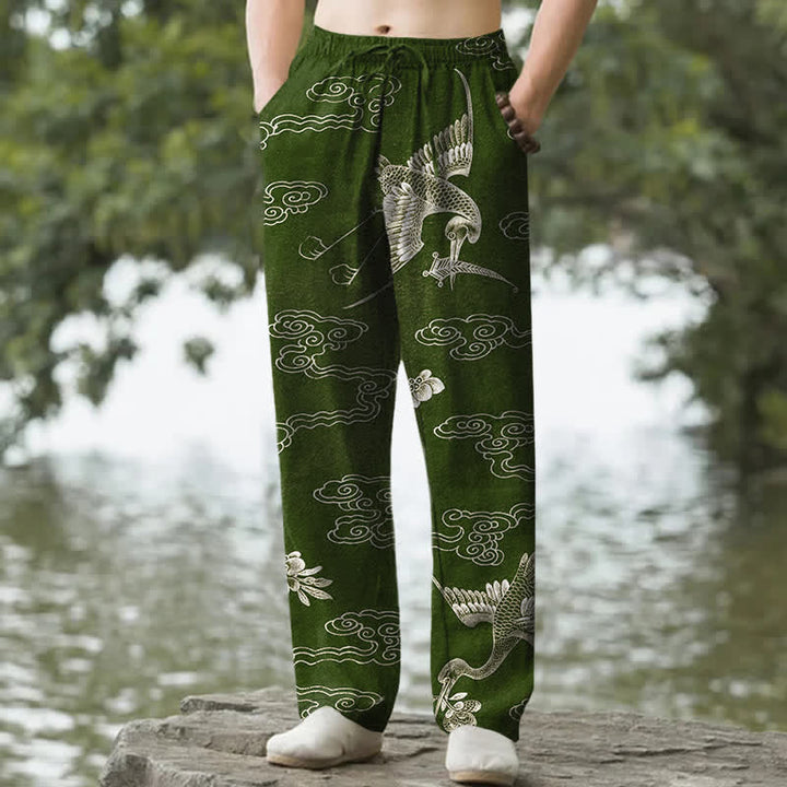 Buddha Stones Pantalones de hombre de algodón blanco con estampado de grullas y nubes auspiciosas, corte ajustado y bolsillos. - Verde oliva oscuro - US/UK/AU50, EU60 (5XL) - image 6