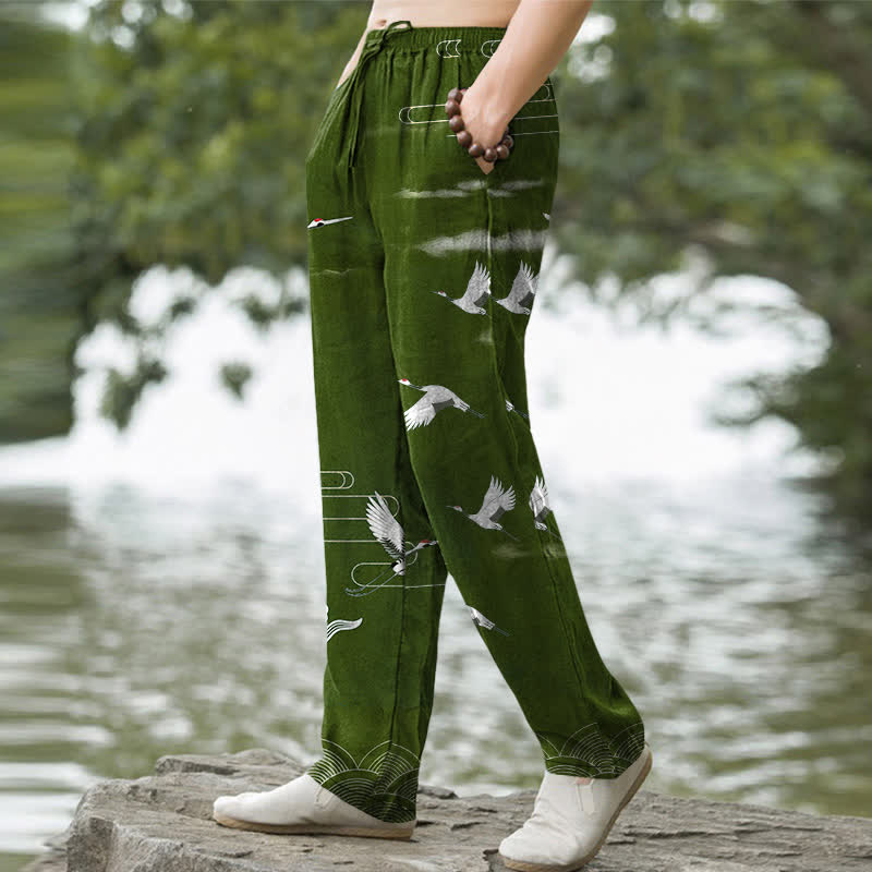 Buddha Stones Pantalones de hombre de algodón blanco con estampado de grullas y olas, corte cónico y bolsillos. - image 5