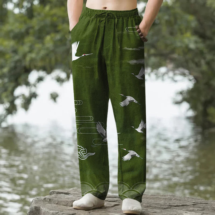 Buddha Stones Pantalones de hombre de algodón blanco con estampado de grullas y olas, corte cónico y bolsillos. - Verde bosque - US/UK/AU50, EU60 (5XL) - image 4