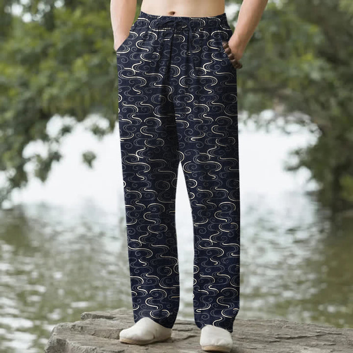Buddha Stones Pantalones de hombre de algodón blanco con estampado de ondas, corte ajustado y bolsillos. - Marina de guerra - US/UK/AU50, EU60 (5XL) - image 0