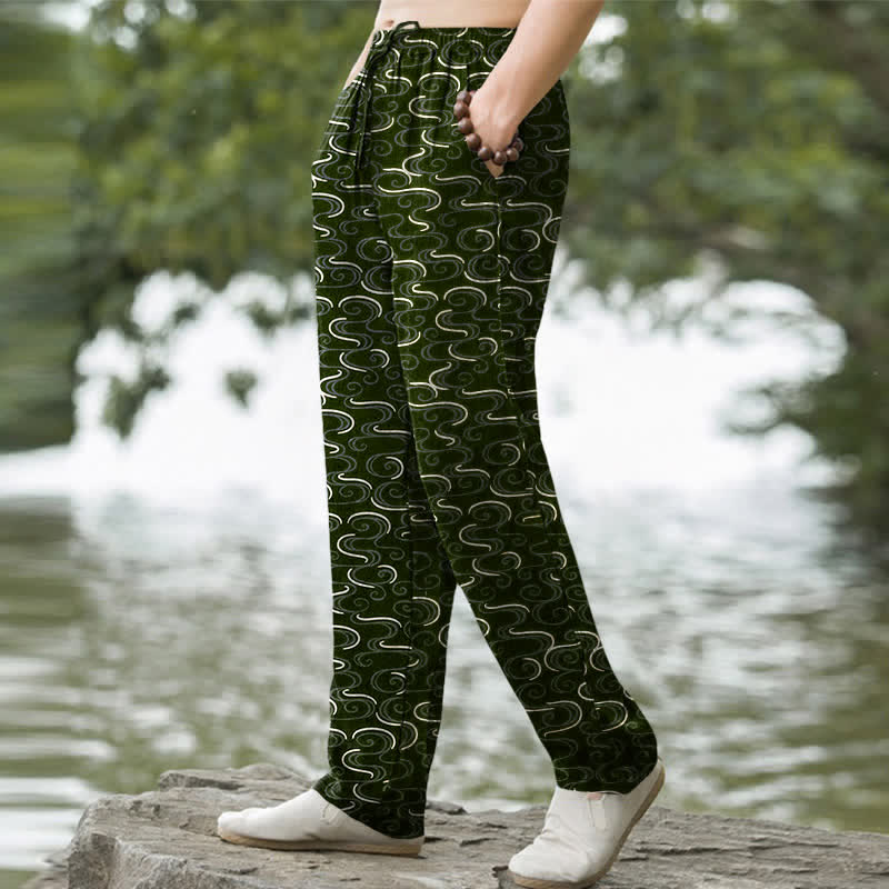 Buddha Stones Pantalones de hombre de algodón blanco con estampado de ondas, corte ajustado y bolsillos. - image 5