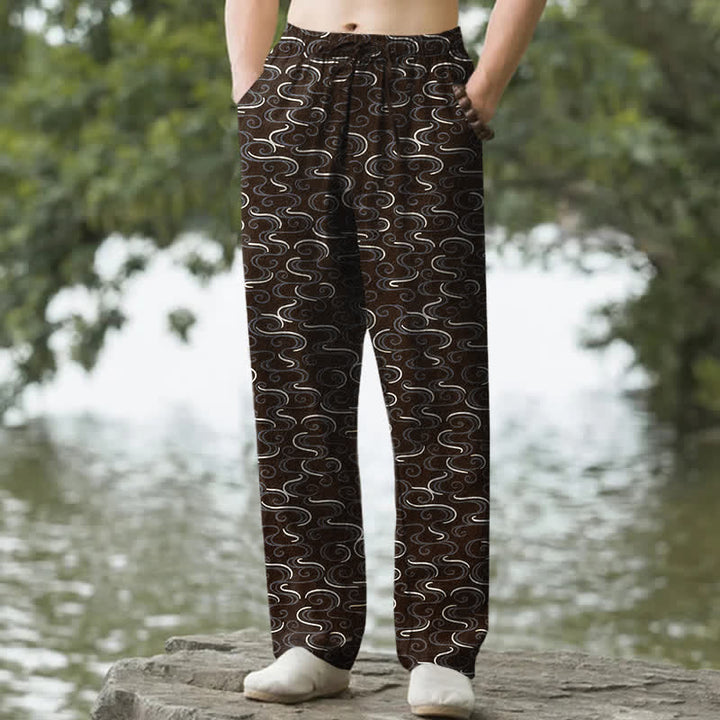 Buddha Stones Pantalones de hombre de algodón blanco con estampado de ondas, corte ajustado y bolsillos. - Marrón silla de montar - US/UK/AU50, EU60 (5XL) - image 6