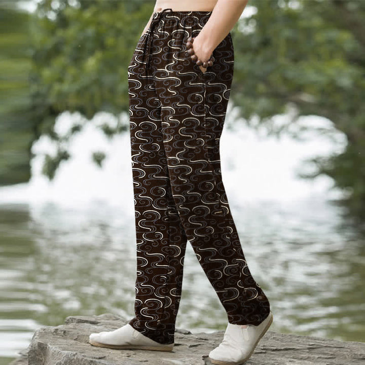 Buddha Stones Pantalones de hombre de algodón blanco con estampado de ondas, corte ajustado y bolsillos. - image 7