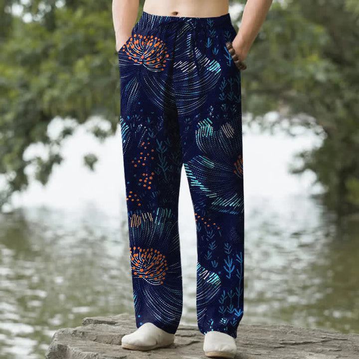 Buddha Stones Pantalones de hombre de algodón con estampado floral y corte ajustado, con bolsillos. - Marina de guerra - US/UK/AU50, EU60 (5XL) - image 0
