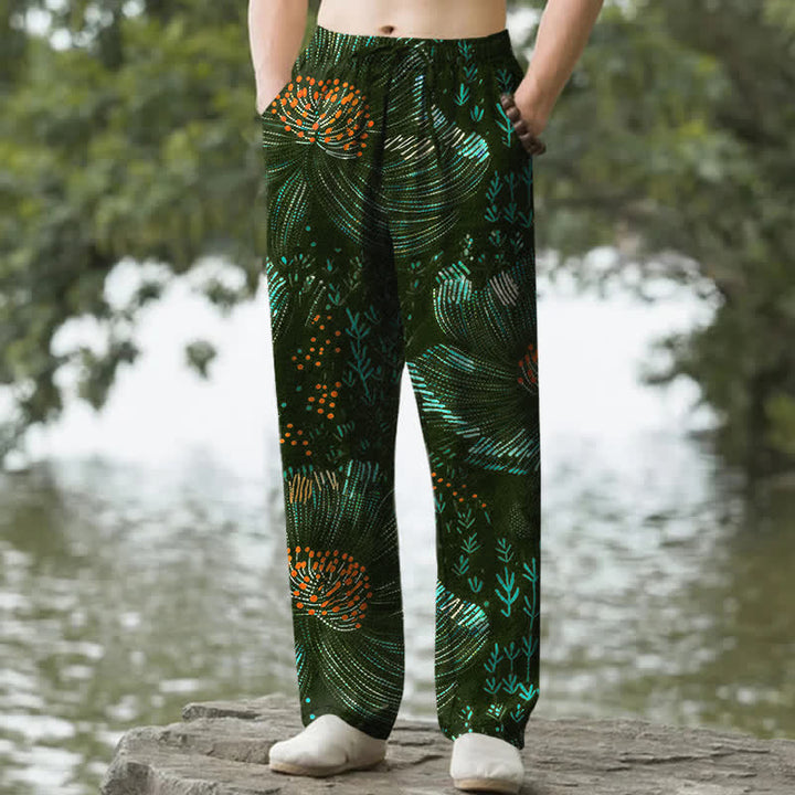 Buddha Stones Pantalones de hombre de algodón con estampado floral y corte ajustado, con bolsillos. - Verde oscuro - US/UK/AU50, EU60 (5XL) - image 6