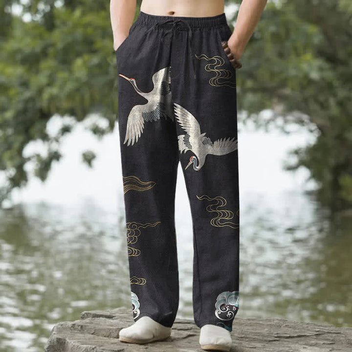 Buddha Stones Pantalones de hombre de algodón con estampado de grullas, nubes y olas del océano, corte cónico y bolsillos. - Negro - US/UK/AU50, EU60 (5XL) - image 0