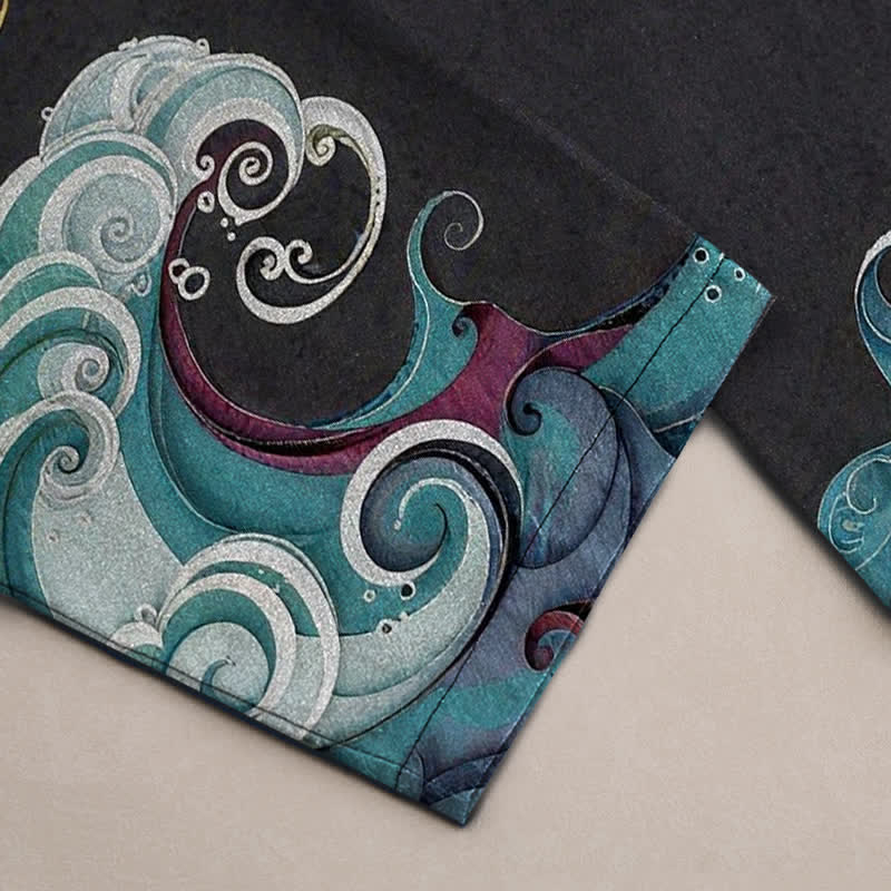 Buddha Stones Pantalones de hombre de algodón con estampado de grullas, nubes y olas del océano, corte cónico y bolsillos. - image 3