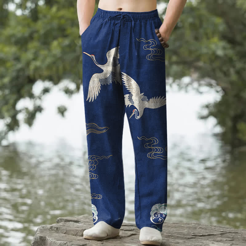 Buddha Stones Pantalones de hombre de algodón con estampado de grullas, nubes y olas del océano, corte cónico y bolsillos. - Marina de guerra - US/UK/AU50, EU60 (5XL) - image 4