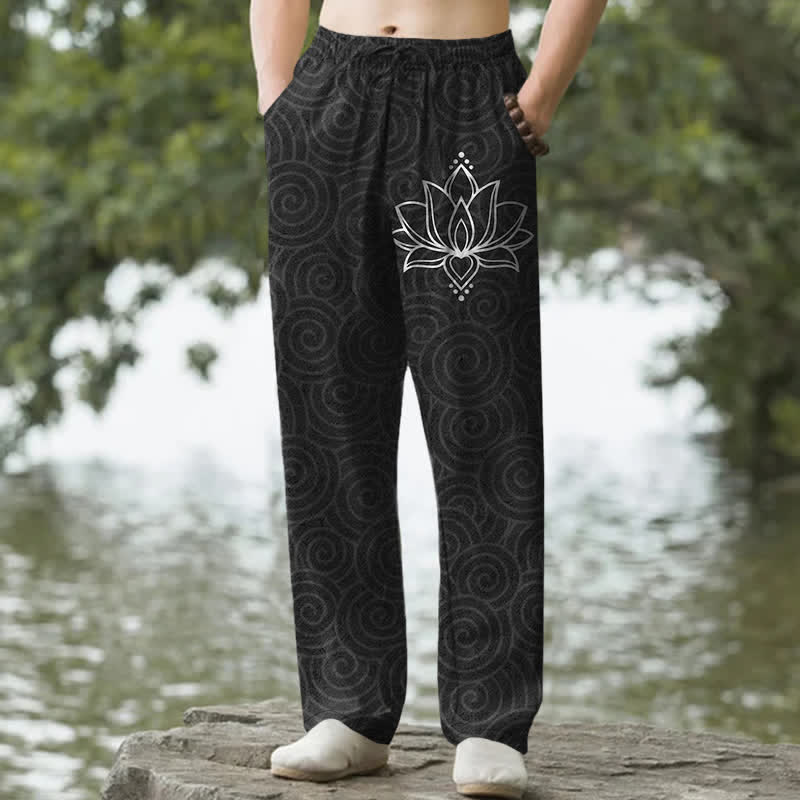 Buddha Stones Pantalones de hombre de algodón blanco con estampado de espiral de loto y corte ajustado, con bolsillos. - Negro - US/UK/AU50, EU60 (5XL) - image 0