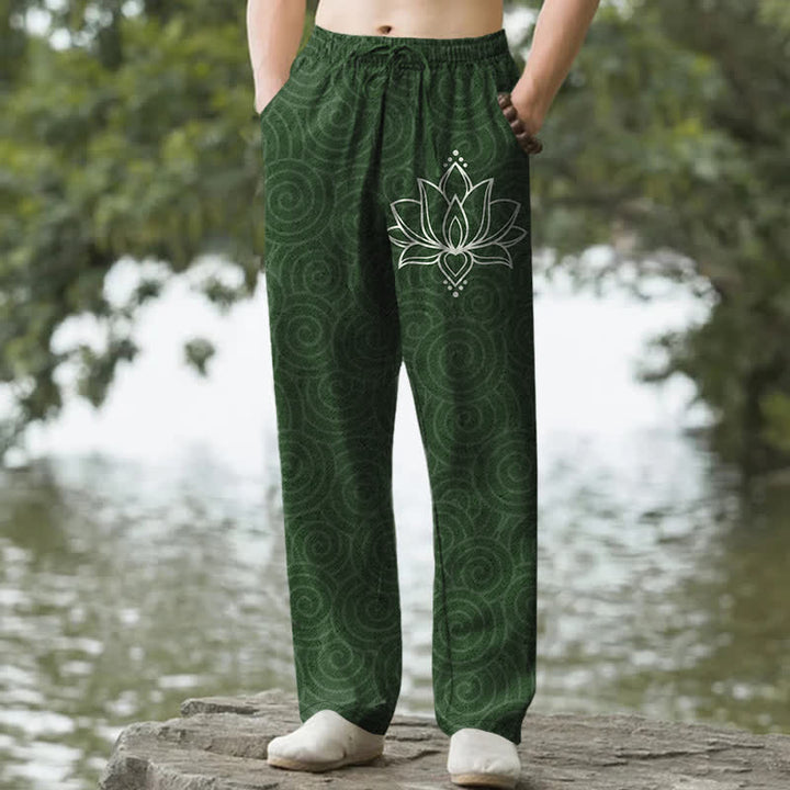 Buddha Stones Pantalones de hombre de algodón blanco con estampado de espiral de loto y corte ajustado, con bolsillos. - Verde bosque - US/UK/AU50, EU60 (5XL) - image 4